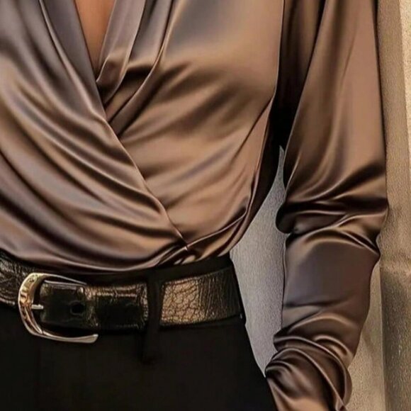 Coffee Brown Elegant Women's Satin Criss-Cross Long Sleeve Blouse - Picture 4 of 5